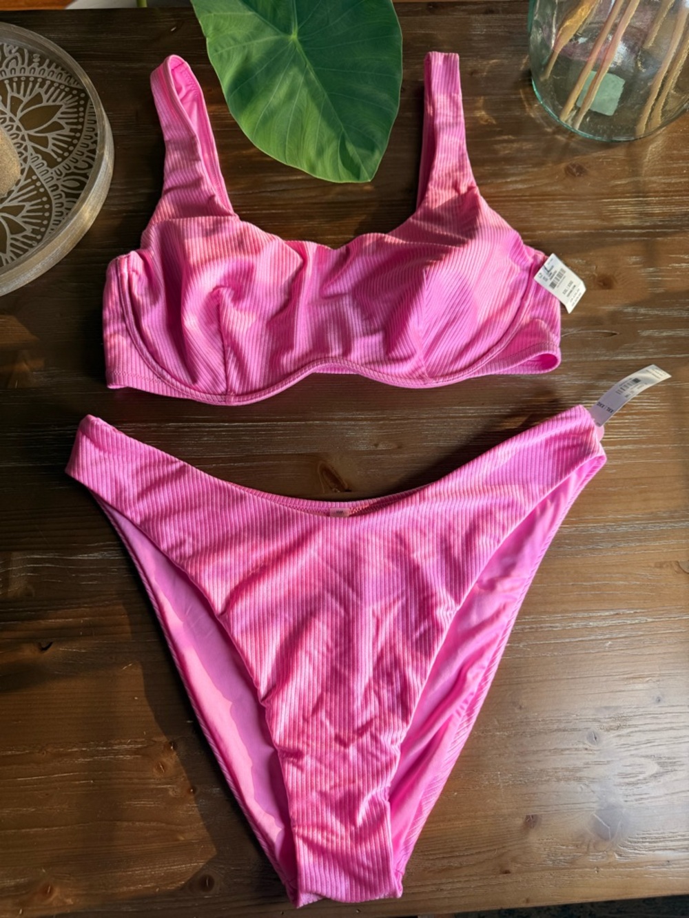 Victoria's Secret Hot Pink Ribbed Underwire Bikini Set